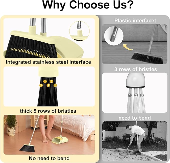 BSKLIN Broom and Dustpan Set House Brooms for Sweeping Indoor Collapsible Broom and Dust Pan Combo for Home Office Kitchen Lobby Floor Pet Hair (Small-Yellow)