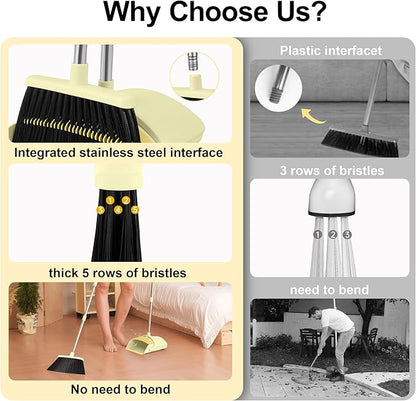 BSKLIN Broom and Dustpan Set House Brooms for Sweeping Indoor Collapsible Broom and Dust Pan Combo for Home Office Kitchen Lobby Floor Pet Hair (Small-Yellow)