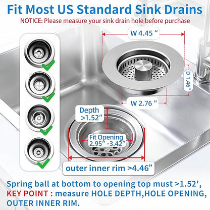 3 in 1 Kitchen Sink Drain Strainer,Pop up Sink Stopper Kitchen Drain, Anti-Clogging Strainer Basket Odor Prevention Plug Stopper for US Standard 3-1/2” Drain (Silver-2pcs)