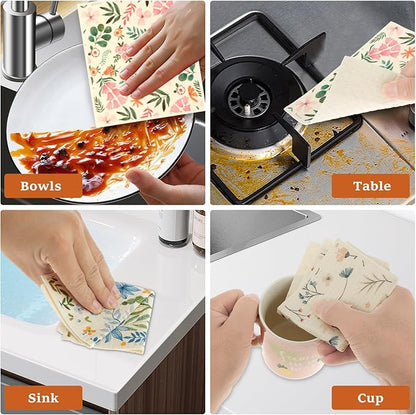5Pcs Swedish Dishcloths for Kitchen, Quick-Drying Reusable Paper Towels, Absorbent Washable Kitchen Dish Rags, Soft Cellulose Sponge Cloths for Countertop Sink Flower Bird (5pcs Flowers)