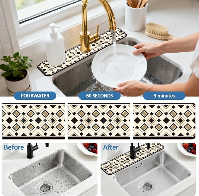 2 Pcs Minimalist Style Kitchen Sink Splash Guard Faucet Mat Black and Gold European-Style Plaid Pattern Faucet Mat for Sinks Absorbing Drying Mats for Kitchen Bathroom, 23.6x5.5inch