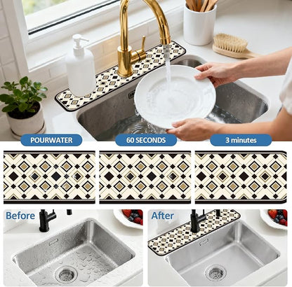 2 Pcs Minimalist Style Kitchen Sink Splash Guard Faucet Mat Black and Gold European-Style Plaid Pattern Faucet Mat for Sinks Absorbing Drying Mats for Kitchen Bathroom, 23.6x5.5inch