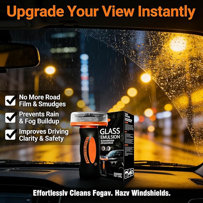 Glass Emulsion Cleaner & Glass Oil Film Remover for Cars – Roll-On Glass Guard with Brush, Removes Oil, Grease & Fog, Anti-Fog Windshield Cleaner for Clear Driving Visibility (Orange)