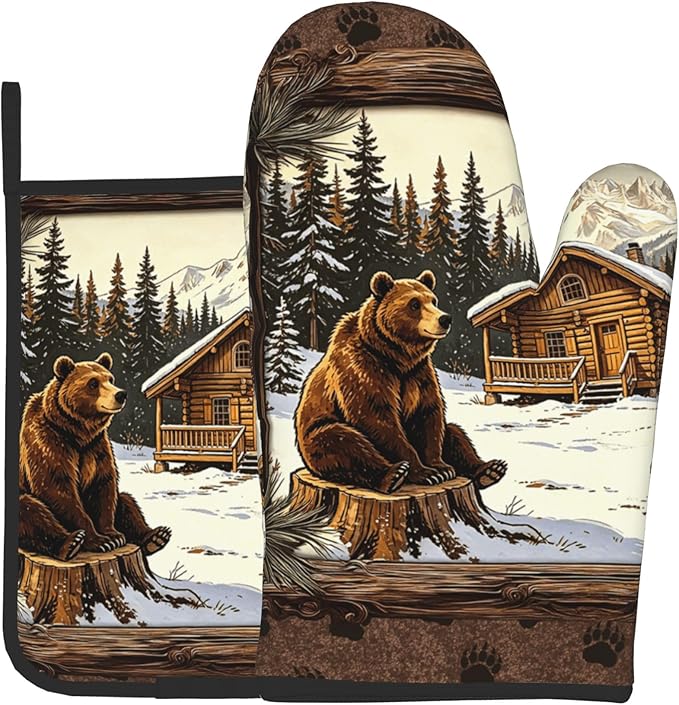 Vintage Oven Mitts and Pot Holders Sets Rustic Cabin Kitchen Gloves Bear Hot Pads Cute Baker Stuff Chef Cooking Baking Gifts for Women