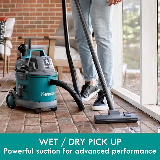 Kenmore KW3030 Wet Dry Canister 3.2 Gallon 2.5 Peak HP Vacuum Cleaner with Extension Wands Tool Storage & Wall Bracket for Garage, Car, Home, 3.2 Gallons, Green