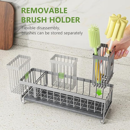 Cisily Extra Large Sink Caddy Organizer with Drying Stone, Gray Sponge Holder for Kitchen, Dish Brush Holder for Countertop, Kitchen Decor Storage and Essentials