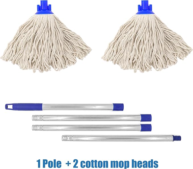 EaseYourDay Cotton Cloth Mop, 4 Section Stainless Steel Pole + Two Cotton String Mop Heads