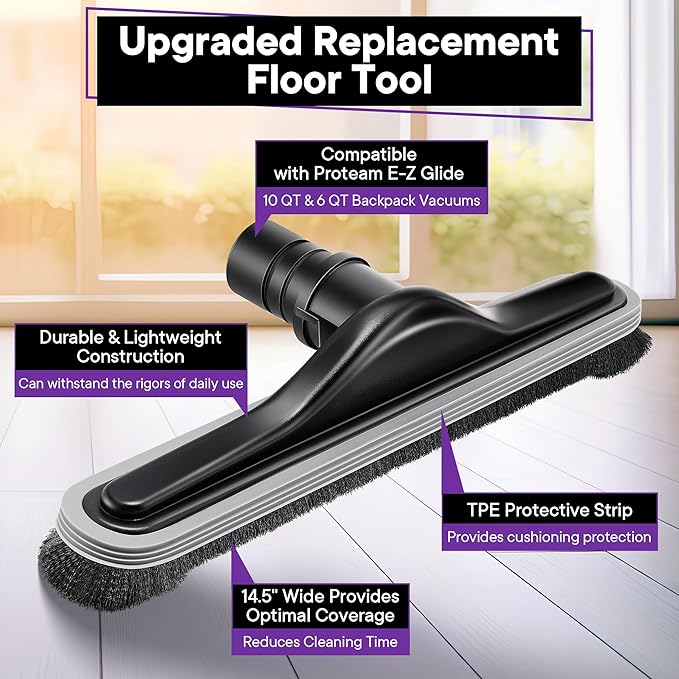 Replacement Floor Tool Compatible with ProTeam 101446 E-Z Glide Backpack Vacuum,Compatible with Hoover C2401, 14" Multi-Surface Brush for Commercial Cleaner(Brush with Tpe Strip,Black)