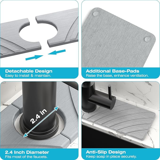 SpaceHacks Stone Faucet Mat for Kitchen Sink - Fast Drying Diatomite Stone Drying Mat, Textured Drainage Sink Protector, Water Splash Guard with Base Pads for Bathroom Counter (15.7x4 in, Light Gray)
