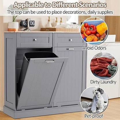 AHB Double Tilt Out Trash Can Cabinet Hidden Kitchen Trash Can, 2x13 Gallons Freestanding Recycling Cabinet with Hideaway Drawers Pet Proof Trash Can for Kitchen Living Room, Grey