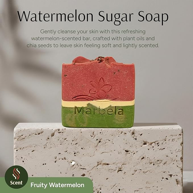 Marbela Cosmetics Moisturizing Watermelon Soap Bar - Natural Face & Body Soap Handmade in USA - Vegan Palm Oil Free Fruity Scent Bath Bar 3.5 oz