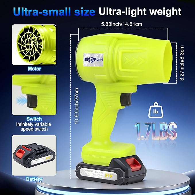 21V Handheld Leaf Blower – 98,000RPM High-Speed Motor, 1.7LB Ultra-Lightweight Hand Blower with 2 Batteries & Charger for Yard, Patio, Car Drying & Workshop (Green)