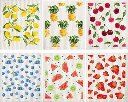 Patelai Mixed Fruit Swedish Kitchen Dishcloths Reusable Dish Towels Absorbent and Fast Dry Cleaning Cloths for Kitchen Blueberry Cherry Strawberry Lemon Pineapple Watermelon Cleaning Wipes (6 Count)