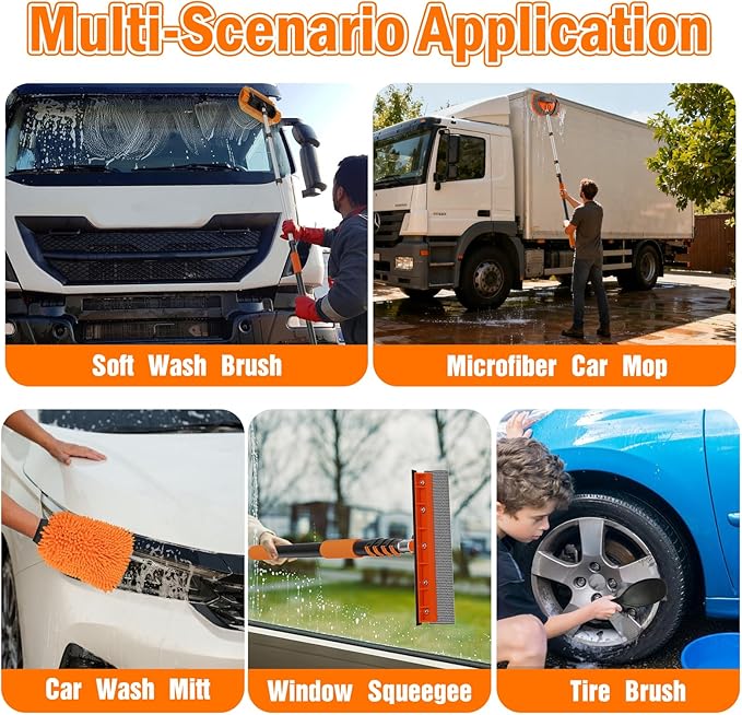LAANPOLE 20FT Car Wash Brush with Long Handle, Car Cleaning Kit with Soft Bristle Wash Brush, Microfiber Cleaning Mop, Window Squeegee, Mitt, Wheel Brush for RV, Truck, Boat, House Siding