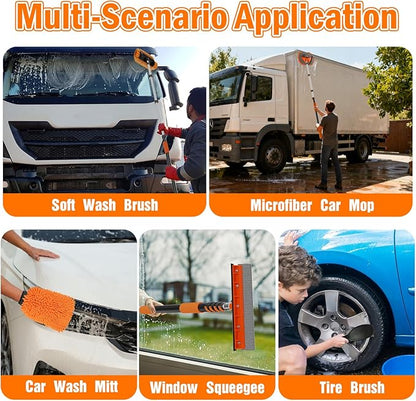 LAANPOLE 20FT Car Wash Brush with Long Handle, Car Cleaning Kit with Soft Bristle Wash Brush, Microfiber Cleaning Mop, Window Squeegee, Mitt, Wheel Brush for RV, Truck, Boat, House Siding