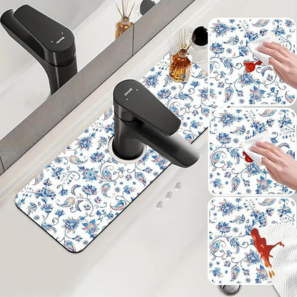 Sink Splash Guard Faucet Mat Paisley Flowers Tulips Leaves Absorbent Fast Drying Mat Sink Gadgets Splash Guard Behind Faucet Drip Catcher for Kitchen Bathroom 15.5"X5.5"