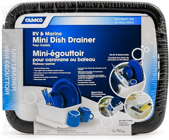 Camco RV Mini Dish Drainer & Tray - Features a Sloped Drain Tray Design, Heavy-Duty Construction - Ideal for Small Spaces, Apartments, Boats, and More -9.5"L x 11.7"W x 4.75"H - Black (43512)