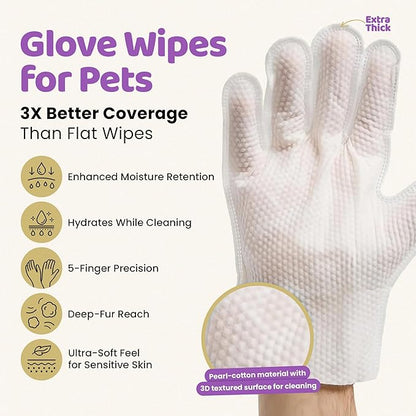 Premium Pet Grooming Glove Wipes for Dogs & Cats, 3X Thick No-Rinse Bathing Gloves, Hypoallergenic Deodorizing Paw & Body Cleaner, Natural Extracts to Hydrate & Nourish, 20 Count, Coconut Scent