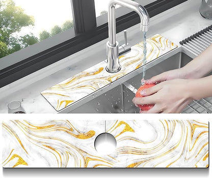 Kitchen Sink Splash Guard Faucet Mat Super Absorbent Fast Drying Mat Sink Gadgets Splash Guard Behind Faucet Drip Catcher for Kitchen (Marbling, 23.5x5.5in)