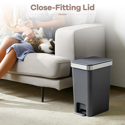 Small Bathroom Trash Can with Lid Soft Close, 10 Liter/2.6 Gallon Slim Garbage Can-Metal Step and Press top Lid, Mini Modern Waste Basket for Toilet, Office, Bedroom,Dorm,Dark Gray
