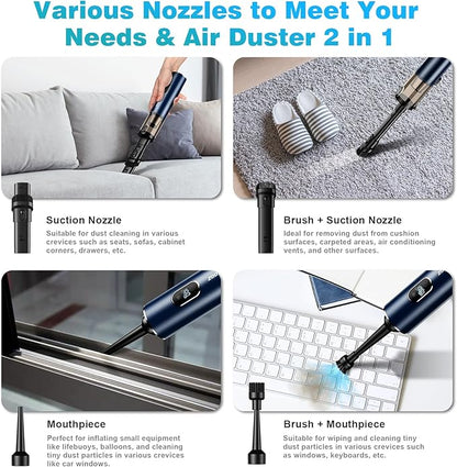 Upbooz Handheld Vacuum Cordless, Car Vacuum with 14000PA Powerful Suction with LED Light, Air Duster 2-in-1,Low Noise Rechargeable Portable Mini Vacuum Cleaner for Car Home Pet Office,Two Gears Blue
