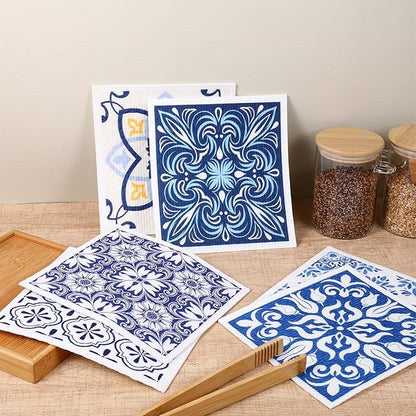ElevateTech 6Pcs Swedish Dishcloths for Kitchen, Reusable Absorbent Hand Towels Cute Pattern Decorate Washable for Cooking Kitchen Home Decoration Housewarming Gift Blue