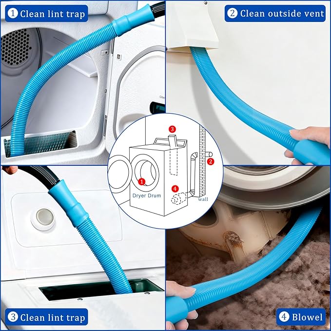 Dryer Vent Cleaner Kit with Dryer Vacuum Hose Attachment, 4-in-1 Multi-Lint Remover Brush, Suitable for Most Aacuum Cleaners for Efficient, Safe, and Thorough Dryer Lint Cleaner Tools (Blue)