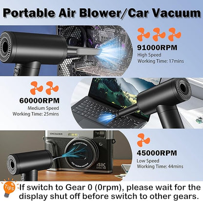 Electric Air Duster Rechargeable 2-in-1 91,000 Super Power Air Blower Cordless with Car Vacuum and LED Light, 7500mAh Battery Electric Duster for PC, Keyboard, House, Car Cleaning - Black