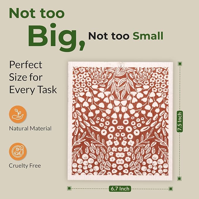 Swedish Dishcloths, Vintage Plant-Based Cellulose, 6.7x7.5 Inch, Super Absorbent, Multi-Surface, Machine Washable, Reusable, 5 Pack (Rust Green Burgundy)