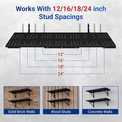 FLEXIMOUNTS 2-Pack 1x3ft Garage Shelving 14-inch-by-34-inch Perforated Wall Shelf, Heavy Duty Garage Storage Rack with 700 lbs Load Capacity, Wall Mounted Organization System for Tools, Heavy Bins