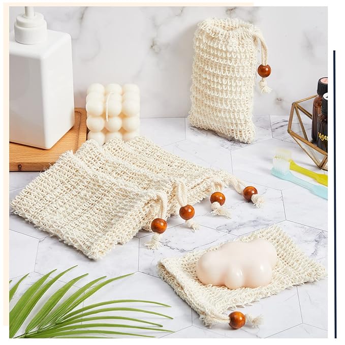 Cunhill 60 Pack Soap Saver Bag Exfoliating Soap Pouch with Drawstring Bar Wooden Bead Foaming and Drying Exfoliating Net for Bath and Shower (3.5x5.5 Inch)