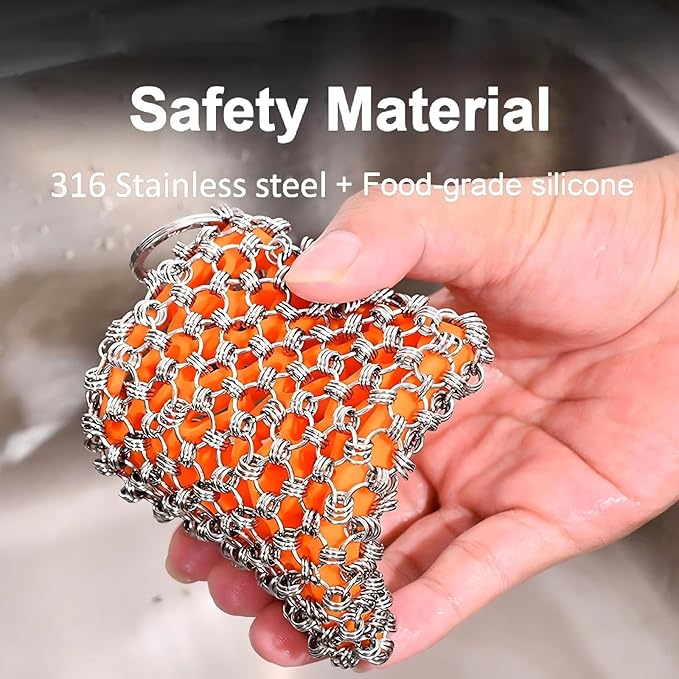 2026 Upgrade 316 Stainless Steel Pan Cleaner,4.5 Inch Triple-Ring Chain Mail Scrubber with Silicone Core, Cast Iron Pot Brush for Easier Removal of Stubborn Oil Stains & Food Residue–Orange