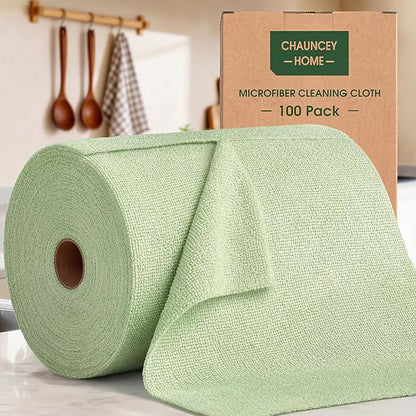 Microfiber Cleaning Cloth Roll - 100 Pack Tear Away Microfiber Paper Towels, Reusable, Washable, Scratch-Free, Kitchen Towels for Car, Home, Kitchen, Glass, Dishes(Bean Green)