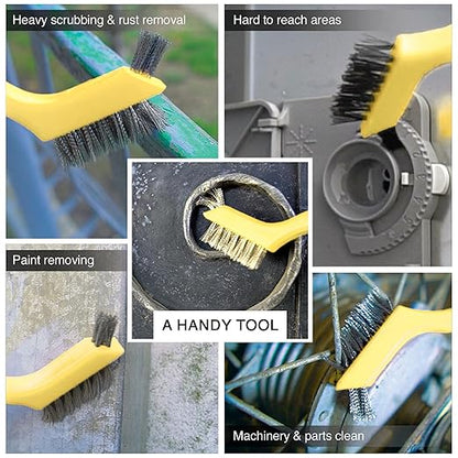 Lavaxon Wire Brush Set 3Pcs - Nylon/Brass/Stainless Steel Bristles with Curved Handle Grip for Rust, Dirt & Paint Scrubbing with Deep Cleaning – 7 Inches (Yellow)