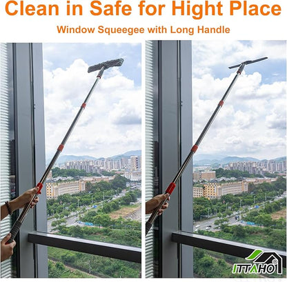 Squeegee for Window Cleaning,12" Squeegee and 11" Microfiber Scrubber Combi with Stainless Steel Pole,Extendable Window Cleaner for Car,Sliding Door,Shower Glass Door-Swivel Style-2 Pads