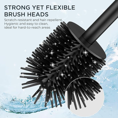 FORIOUS Toilet Brush and Holder Set, Heavy Duty 304 Stainless Steel Base Square and Long Handle for Bathroom Deep Cleaning, Drip-Proof, Space Saving for Storage, 2 Toilet Bowl Brush Head, Black