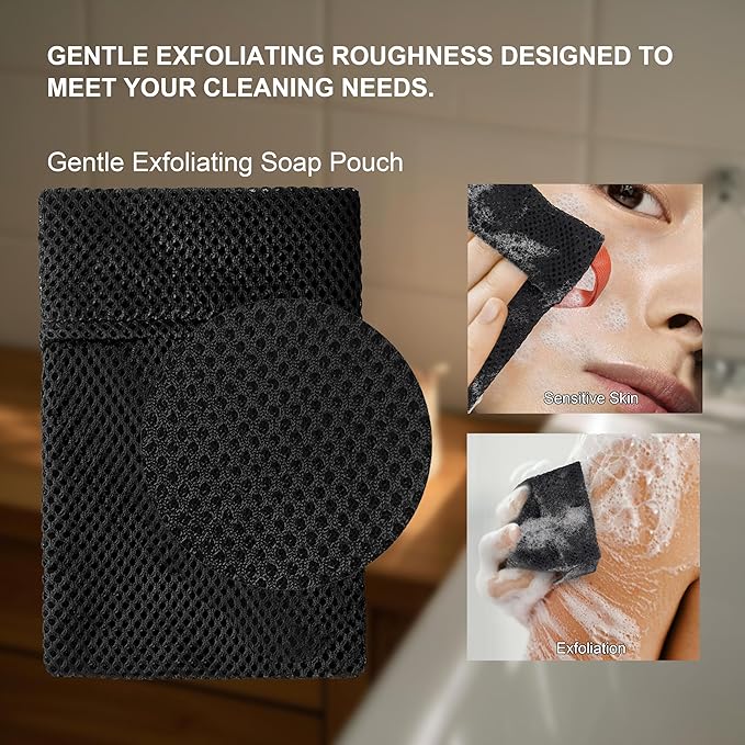2 Pack Soap Bag Gentle Exfoliating,Bar Soap Pouch Saver Pocket,Body Scrubber Shower Bath Sponge Loofah (Black)