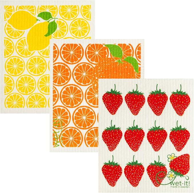 Wet-It! Swedish Dishcloth Set (Lemon Orange Strawberry) – Reusable, Absorbent, and Cleaning Cloths for Kitchen, Bathroom, and Household Surfaces – Washable, Quick Dry, and Long-Lasting, 3 Pack