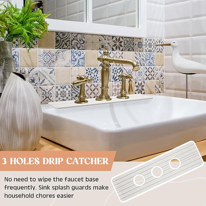 Teenyyou 3 Hole White Faucet Mat for Kitchen Sink Bathroom 16.1" x 5" Kitchen Faucet Absorbent Mat Diatomite Splash Guard Quick Drying Stone Drip Catcher Hole 2.24" Holes Spaced About 1.77 "