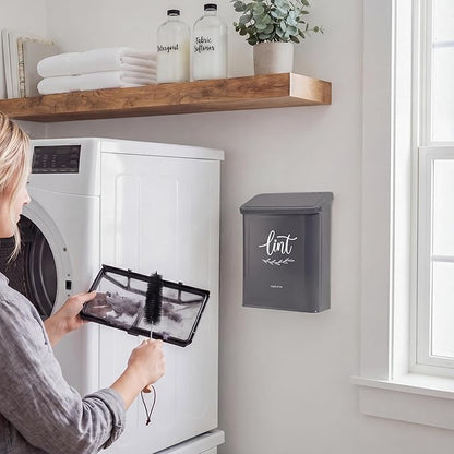 Perfnique Magnetic Lint Bin for Laundry Room with Lint Brush, Wall Mounted Lint Holder Trash can with lid for Dryer, Modern Farmhouse Rustic Metal Laundry Room Storage Organization and Decor(Gray)