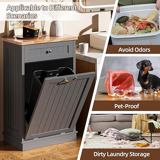 AHB 13 Gallons Tilt Out Trash Cabinet, Hidden Trash Can Kitchen Cabinet Wooden Tilt Out Pet Proof Hidden Trash Bin for Kitchen Living Room, Grey