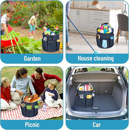 17L Cleaning Caddy, Portable Cleaning Supply Bucket, 6 Pockets Foldable Cleaning Supplies Organizer with Handle, Cleaning Caddy Bag for Cleaning Products (Navy Blue)