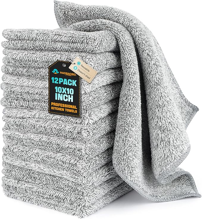Kitchen Dish Cloths, 12 Pack, 10 x 10 Inches, Super Absorbent Microfiber Dish Towels, Soft Lint Free Reusable Dish Rags for Washing Dishes, Drying, Counters and Sink, Grey
