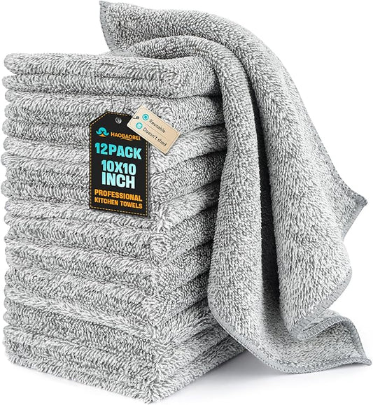 Kitchen Dish Cloths, 12 Pack, 10 x 10 Inches, Super Absorbent Microfiber Dish Towels, Soft Lint Free Reusable Dish Rags for Washing Dishes, Drying, Counters and Sink, Grey