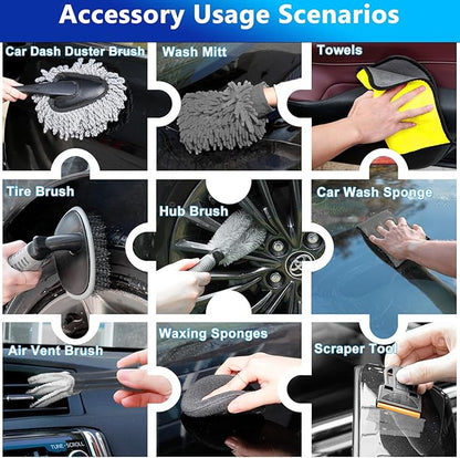THINKWORK Car Wash Kit, 62'' Car Washing Brush with Long Handle, Extendable Car Wash Brush Mop with 2-in-1 Windshield Squeegee and 9Pcs Detailing Brushes, Gray Car Detailing Kit Gift for Men