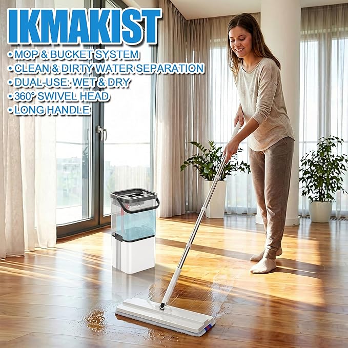 Mop and Bucket Set with Wringer,Separate Clean Dirty Water, Self Wringing Microfiber Dust Flat Mop for Hardwood Floors, Kitchen, Wall Cleaner -with 4 Washable Microfiber Pads