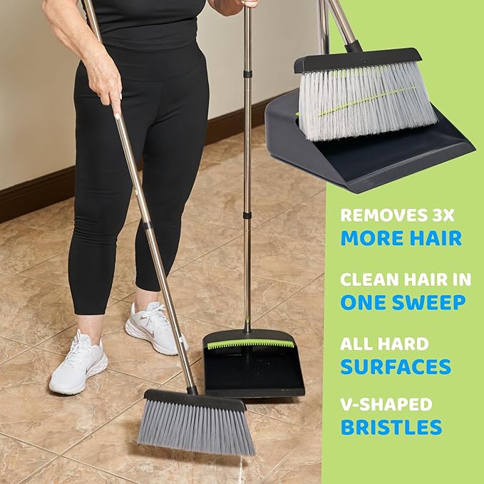 Broom with Dustpan Combo Set with Long Handles - Lightweight Indoor & Outdoor Broom and Dustpan Set for Home & Office - Broom with Stand Up Dustpan and Innovative Dust Collector