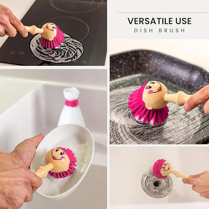 Vigar Dolls April Dish Brush with Ergonomic Handle and Dres-shaped Storage Holder - Scrub Brush for Pans, Pots, Kitchen Sink Cleaning, White, Pink