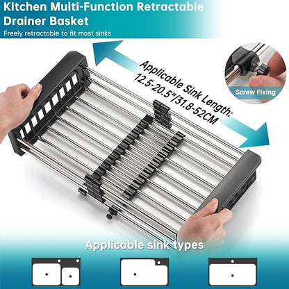 Dish Drying Rack, Stainless Steel Dish Drainer with Adjustable Arms Holder Functional Kitchen Sink Organizer for Vegetable and Fruit, Black Large