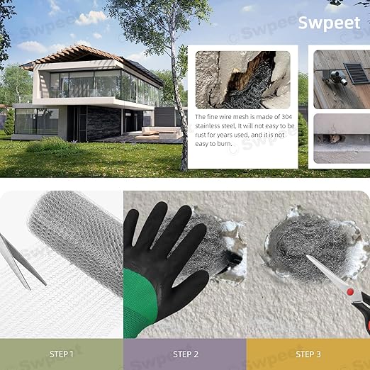 Swpeet 3Pcs 5" x 50FT Wire Mesh Hole Fill Fabric with Scissors and Anti-scretch Gloves, Stainless Steel Wire Mesh Roll, Flexible Stretchy Mesh Fabric Ideal for Garden House and DIY